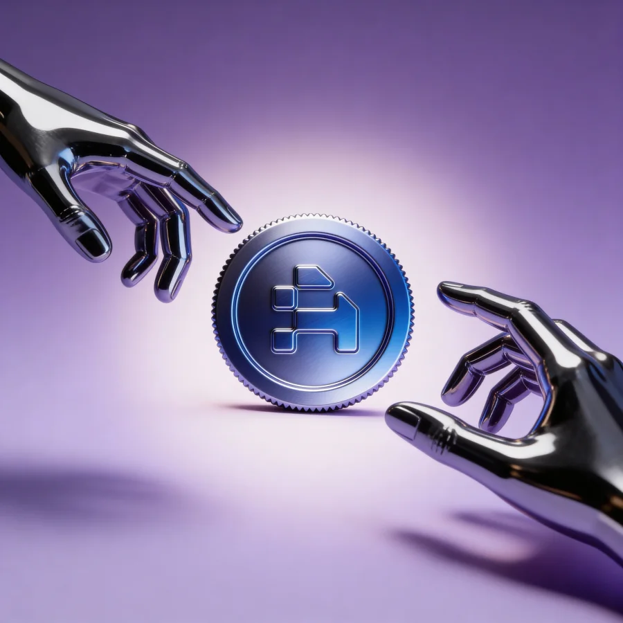 The ATLETA coin held between two chrome hands